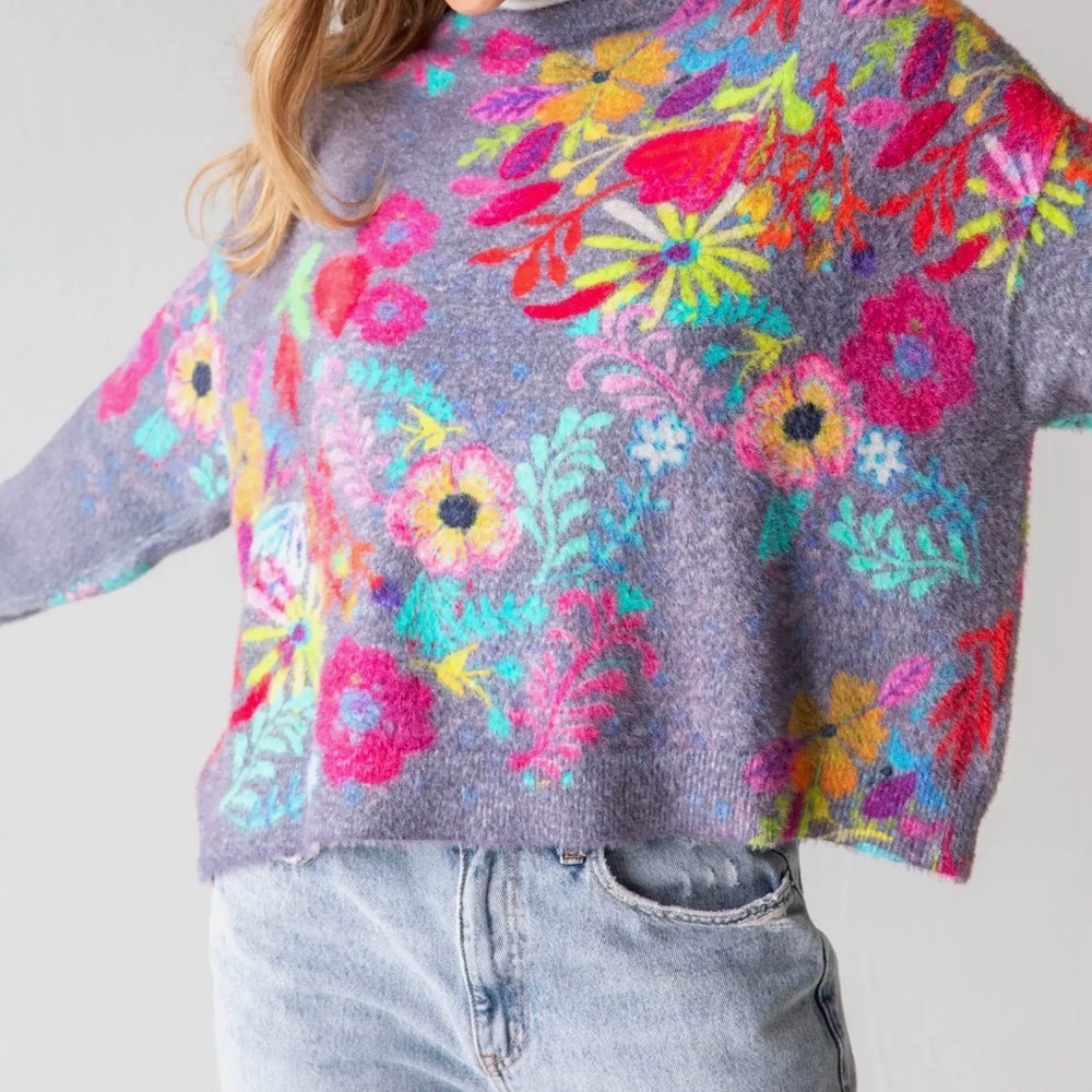 Natural Life Colorful Floral Sweater - Purple and Multicolor